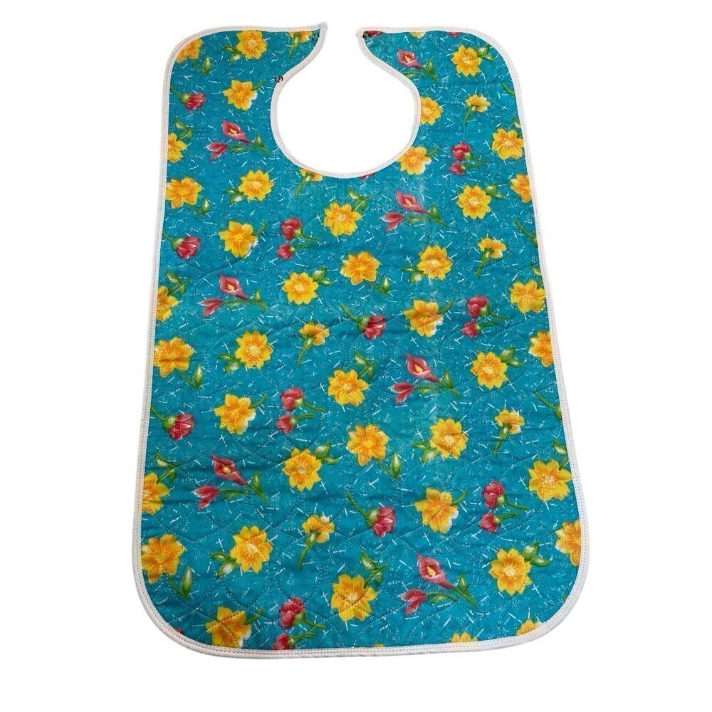 Quilted Floral Adult Bib for Eating Waterproof Vinyl Barrier Adjustable Flowers